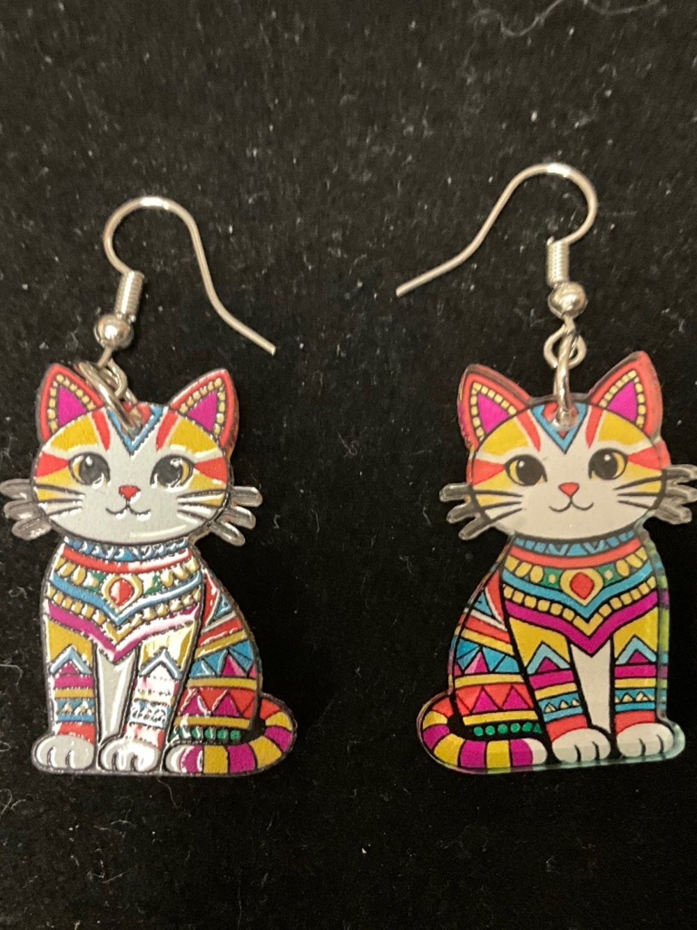 Colorful Cat Dangle Earrings Patterned Kitty Cat Lover Jewelry